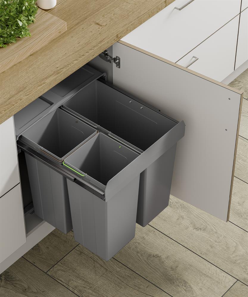 Pull out Waste Bin Dark Grey 68 Litre (2 x 17 + 1 x 34), Min 600mm Base unit